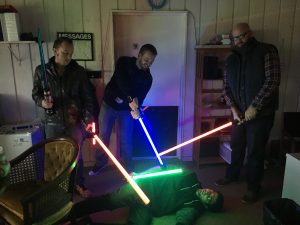 Jedi Philosopher and Information Technologist David, along with Jedi Knights and Behavior Specialists Zach and Kurt provide "performance counseling" for fellow Behavior Specialist and Jedi Knight Tom.